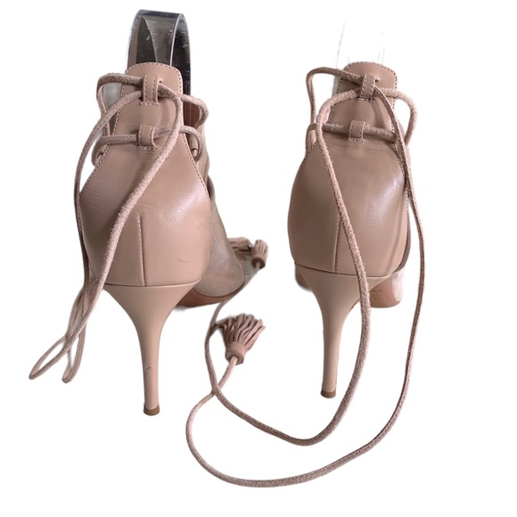 AQUAZURRA FIRENZE NEUTRAL LEATHER TUSSLE HEELED SANDALS - Picture 15 of 16